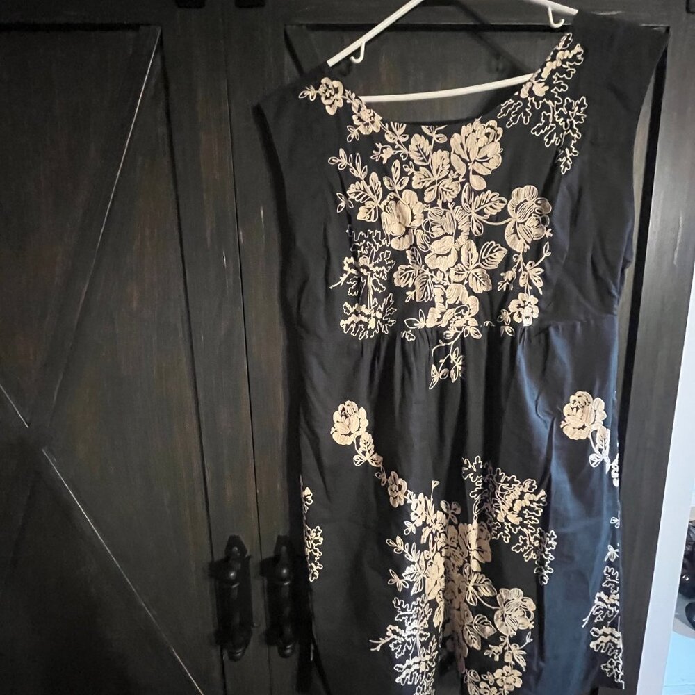 J. Crew Black Midi Dress with Cream Floral Embroidery
